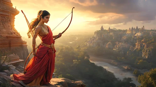 Digital painting of warrior archer over mythic river citadel.