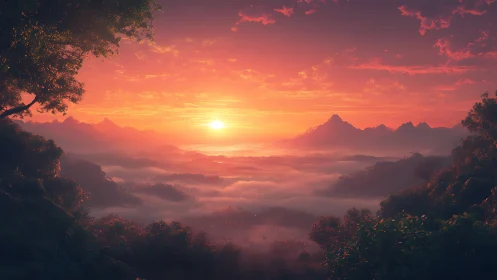 Luminous sunrise over misted mountains in digital painting style.