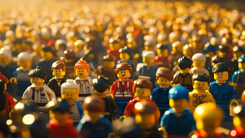 Lego crowd scene captures glowing sunset urban energy.