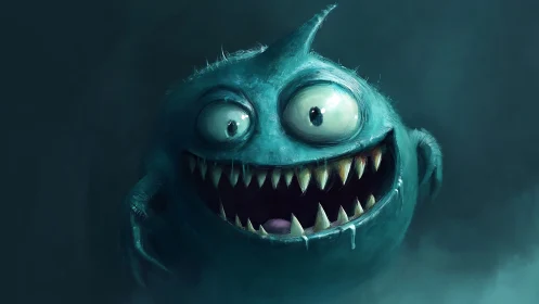 Grinning teal monster reveals sharp dripping fangs in fog.