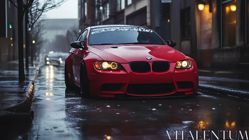 Bold red sports car glowing in a rainy city street.