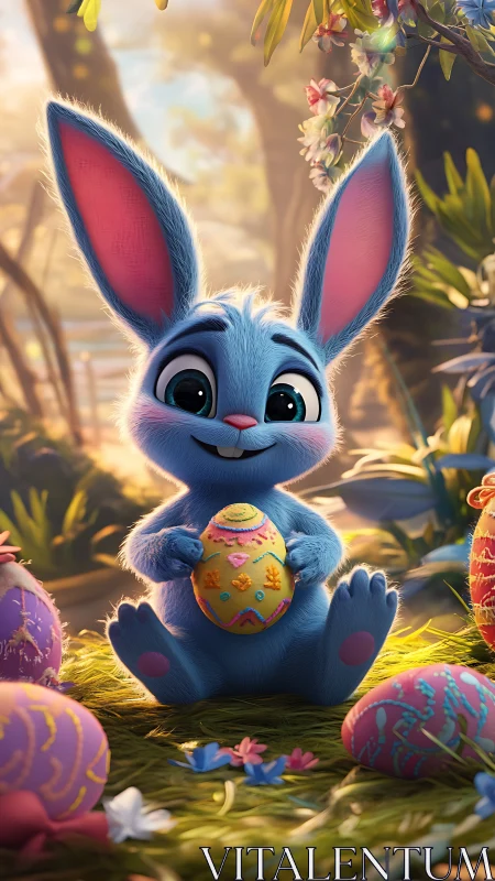 Blue Easter bunny cradling ornate egg in sunlit meadow.