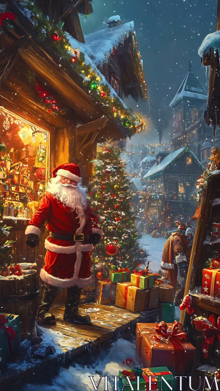 Snowy village Christmas magic with Santa and bright gifts.