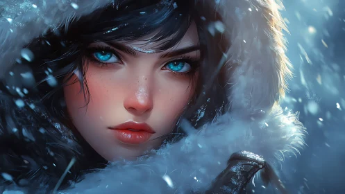 Hyperreal winter portrait of blue-eyed woman in snowstorm
