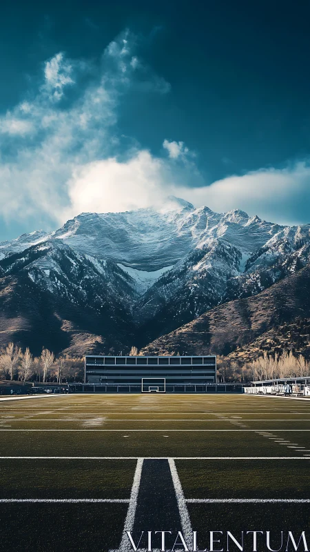 Snow-covered mountains rise behind a football stadium