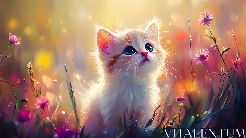 Magical Kitten Among Blooming Wildflowers in Golden Light.