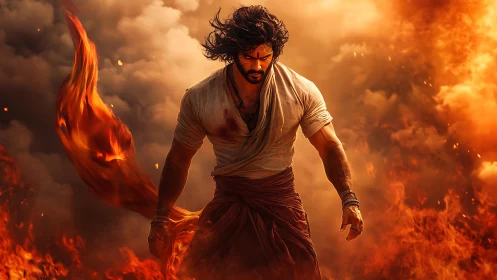 Male figure walks through dense flames and billowing smoke