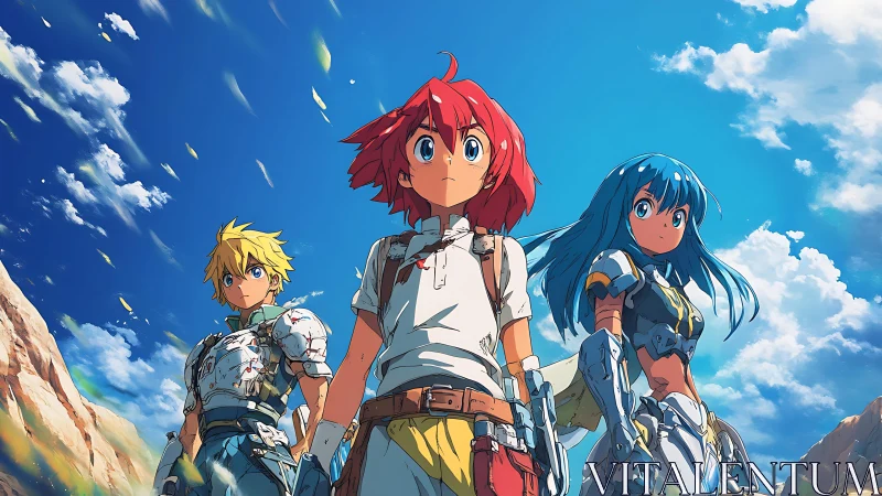 Three armored anime characters under expansive blue sky.