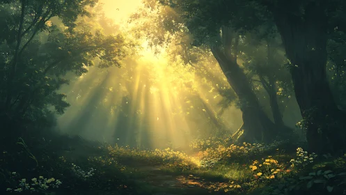 Sunlit forest sanctuary where wildflowers guard the light.