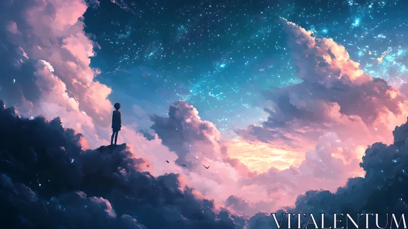 Silhouetted child observing glowing clouds and starry sky.