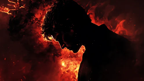 Silhouetted figure in blazing red inferno with moody contrast.