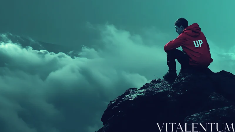 Solitary figure in red hoodie contemplates cloud sea