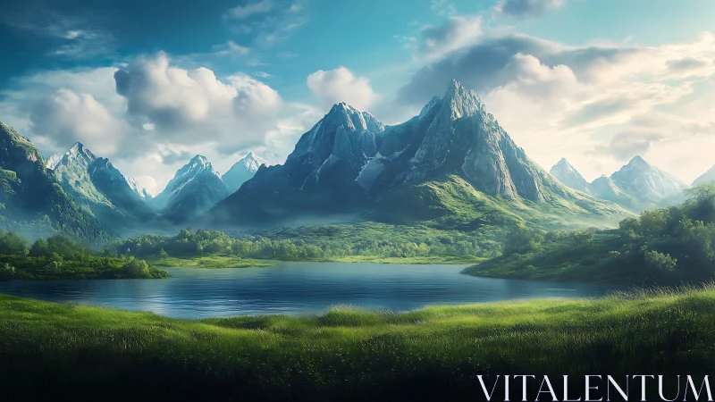 Mountain lake landscape under soft daylight clouds.