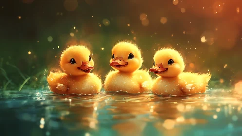 Sunset sparkle trio of ducklings in a storybook pond.