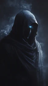 Hooded cyber wraith in volumetric smoke under low key lighting