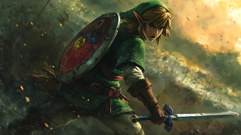 Armored elf warrior braced with shield and sword in stormfront.