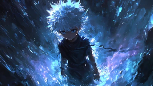 White haired anime boy amid swirling blue energy field.