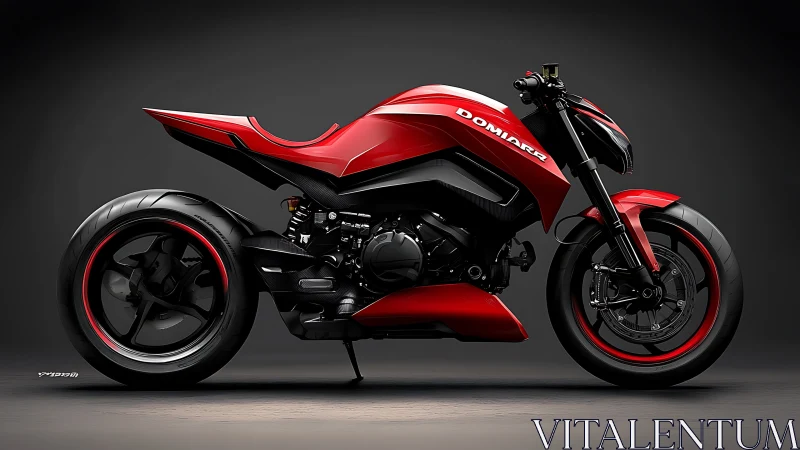 Photorealistic red performance motorcycle side-profile rendering.