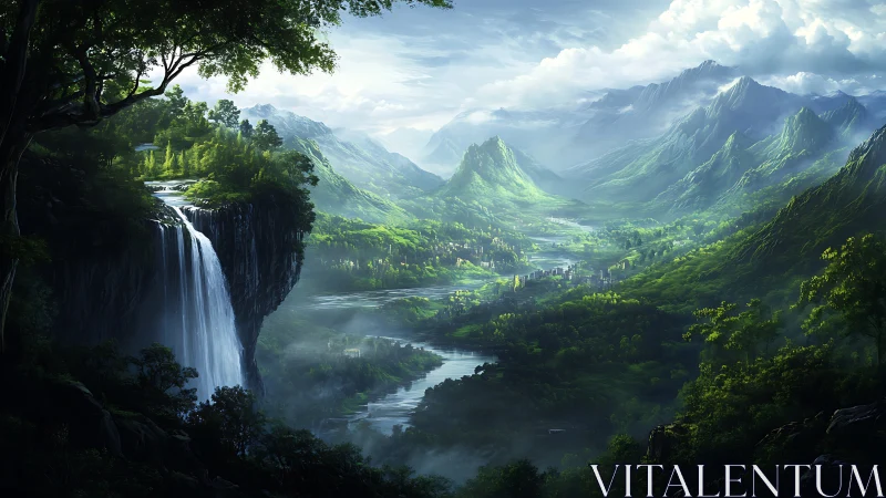 Lush mountain valley stretches below towering cliff waterfall