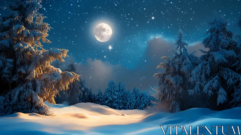 Luminous full moon over pristine snowfield and fir forest