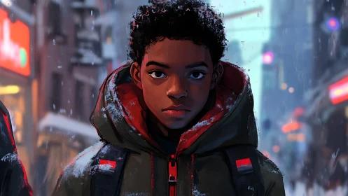 Teenager in winter coat on snowy urban street at dusk.