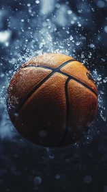 Basketball in motion with surrounding water droplets.