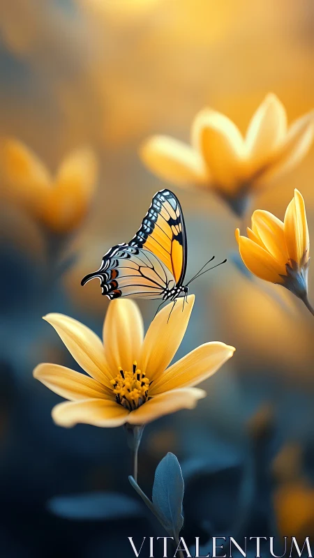 Digital painting of butterfly on yellow bloom with bokeh field.