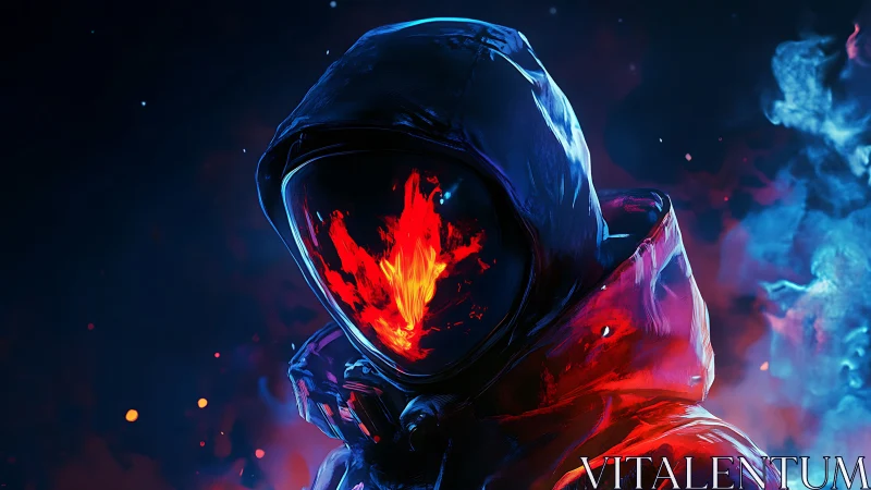 Hooded sci fi figure with fiery visor in neon smoke glow.