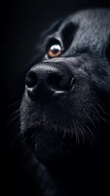 Midnight dog portrait with shining whiskers and wet nose.