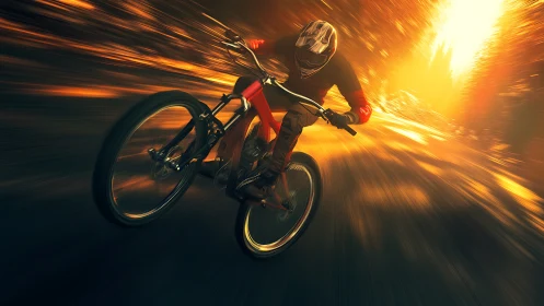 Cyclist Racing Through Golden Sunlight with Energy