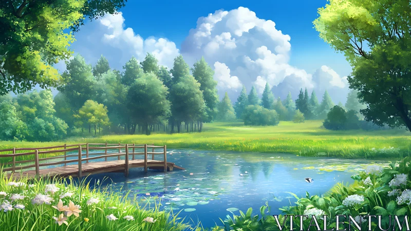 Clouds rehearse above a lily pond crossed by quiet bridge