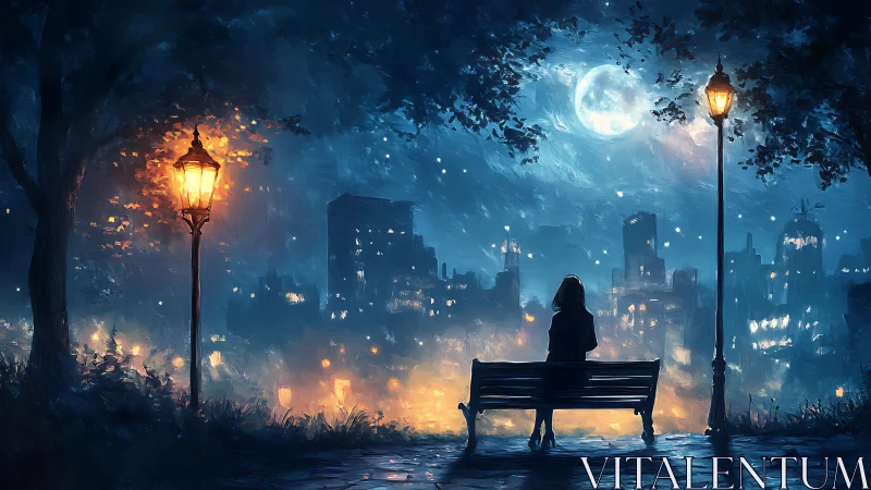 Solitary figure on park bench under moonlit city sky.