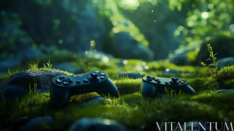 Two game controllers rest gently in a lush green forest glade