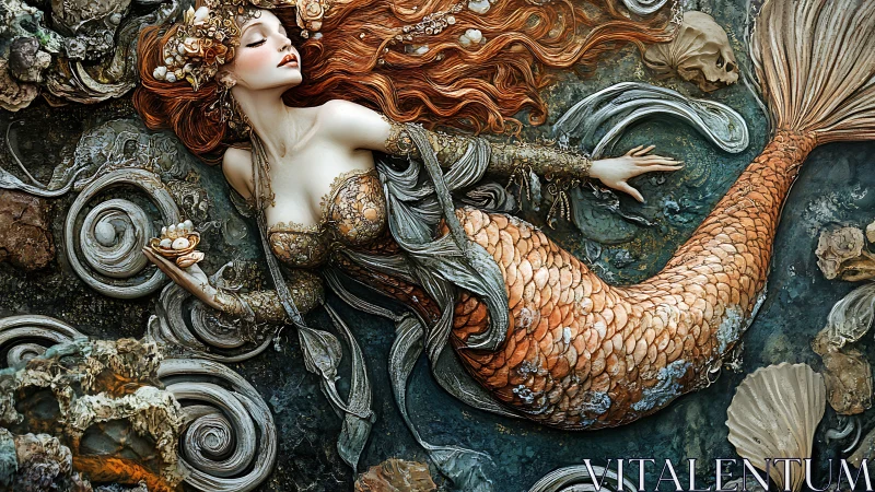 Mermaid with shells and pearls in ornate seafloor scene.