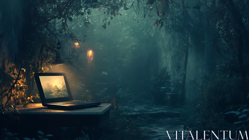 Glowing laptop illuminates misty forest courtyard night