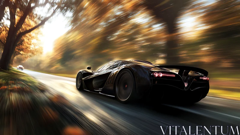 Sleek black supercar racing through a glowing autumn road.
