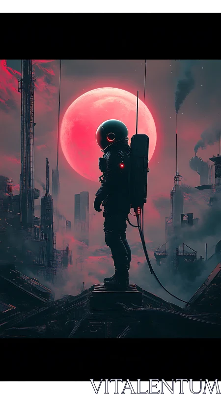 Lone space wanderer pausing beneath a glowing red moon.