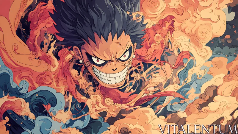 Storm-smiled warrior swirling through fire and ocean fury.