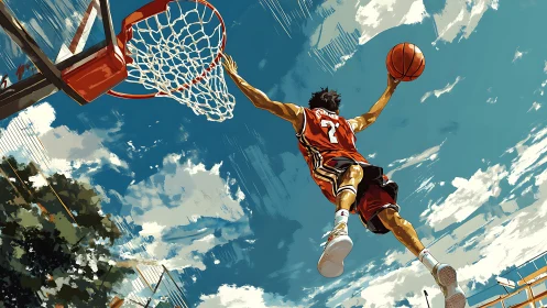 Skybound streetball dunk under wild summer clouds.