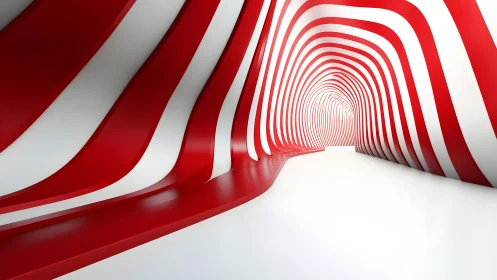 Futuristic red and white striped tunnel with smooth curved design.