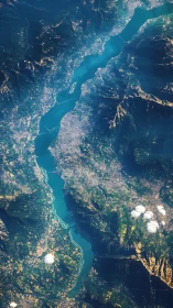 Satellite view of winding turquoise river through dense valley.