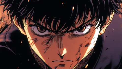 Battle-worn anime close-up with high-contrast dynamic lighting.