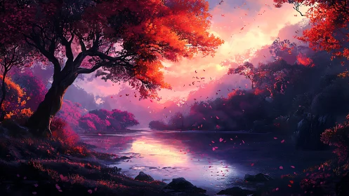 Crimson riverbank hums softly beneath a burning dreamsky