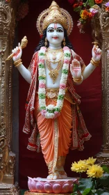 Marble Hindu deity statue with garlands and ornate crown.