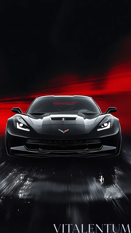 Black Corvette supercar charging through red-lit night.