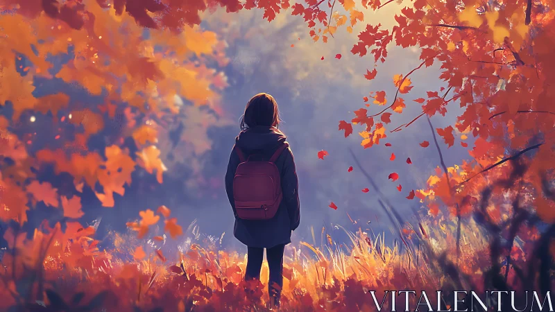 Child stands in autumn forest under vivid orange foliage