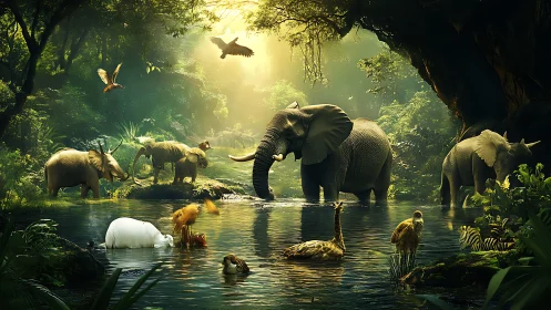 Sunlit jungle watering hole shimmers with wild assembly