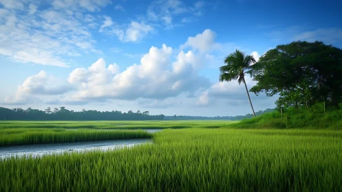 Lush green rice fields stretch under tranquil blue skies