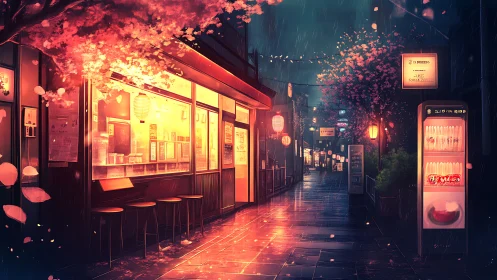 Lantern-warmed ramen alley hushes a rainy neon evening