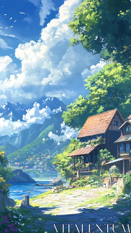 Sunlit lakeside cottage dreams beneath wandering mountain clouds.